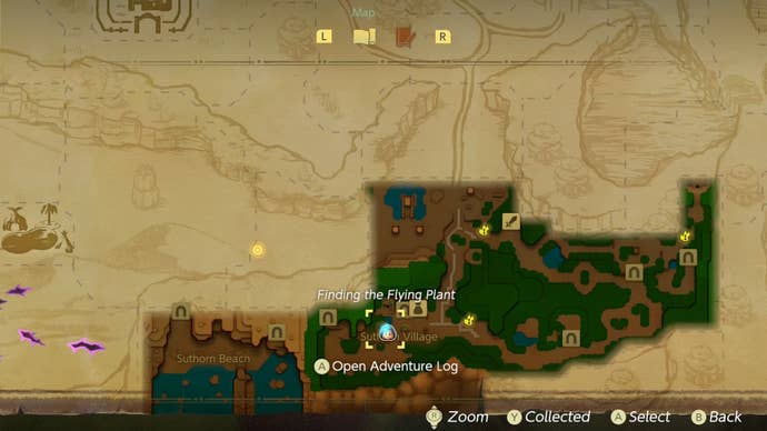 Map location of the Finding the Flying Plant side quest start in Zelda Echoes of Wisdom.