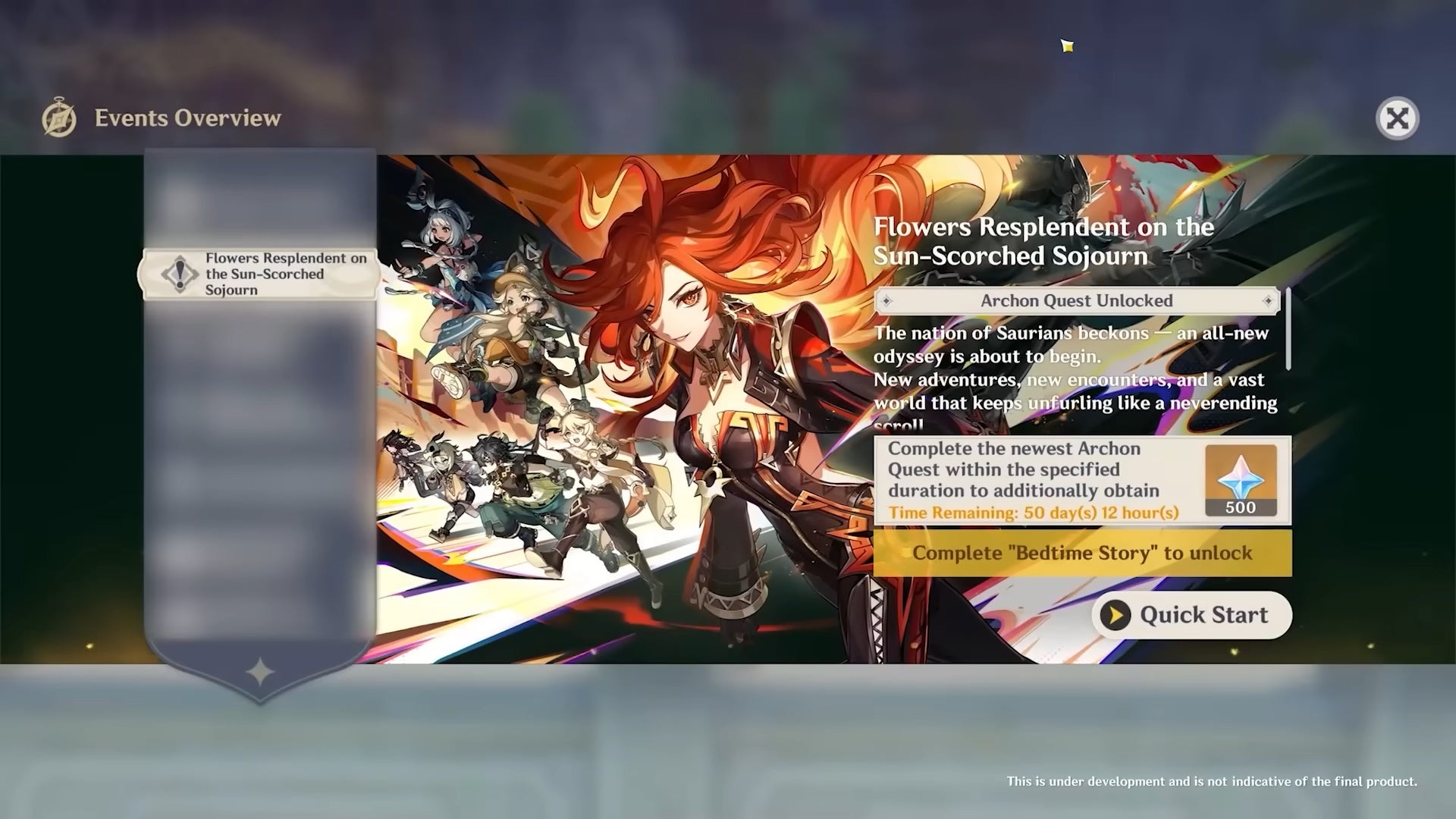 Event menu in Genshin Impact with the ability to Quick Start Natlan&rsquo;s first Archon Quest displayed.
