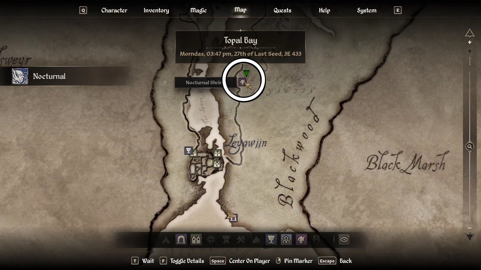 Circle showing the Shrine of Nocturnal&rsquo;s location in Oblivion.