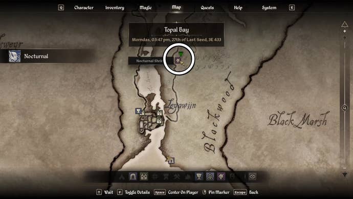 Circle showing the Shrine of Nocturnal’s location in Oblivion.