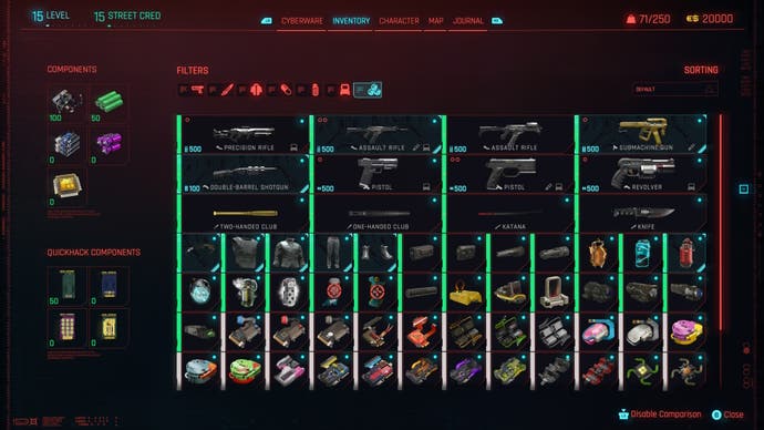 menu inventory showing lots of weapons and items