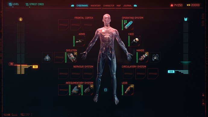 menu of current cyberware implants equipped