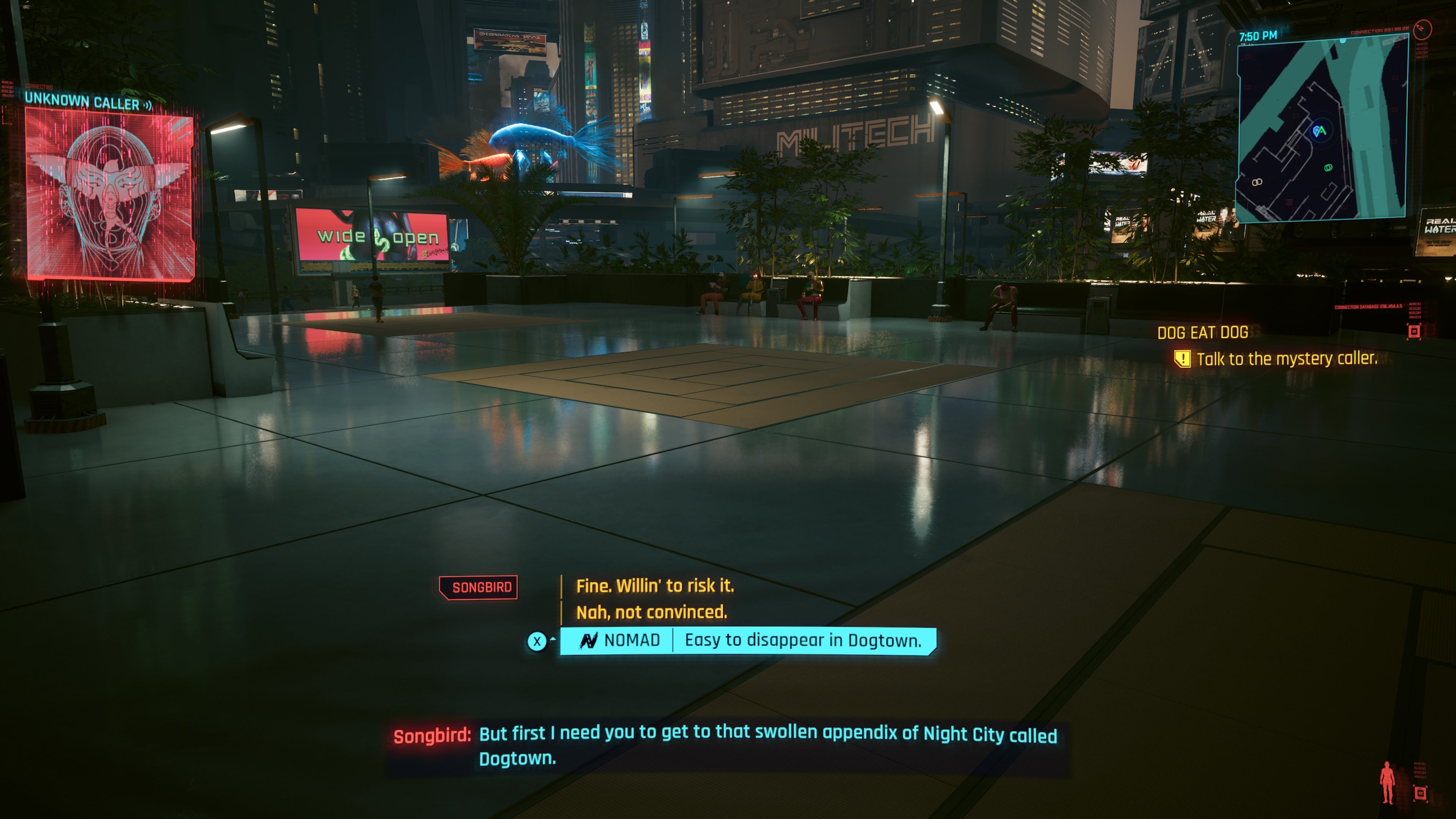 first person view of a phone call with songbird and the nomad life path option highlighted in blue