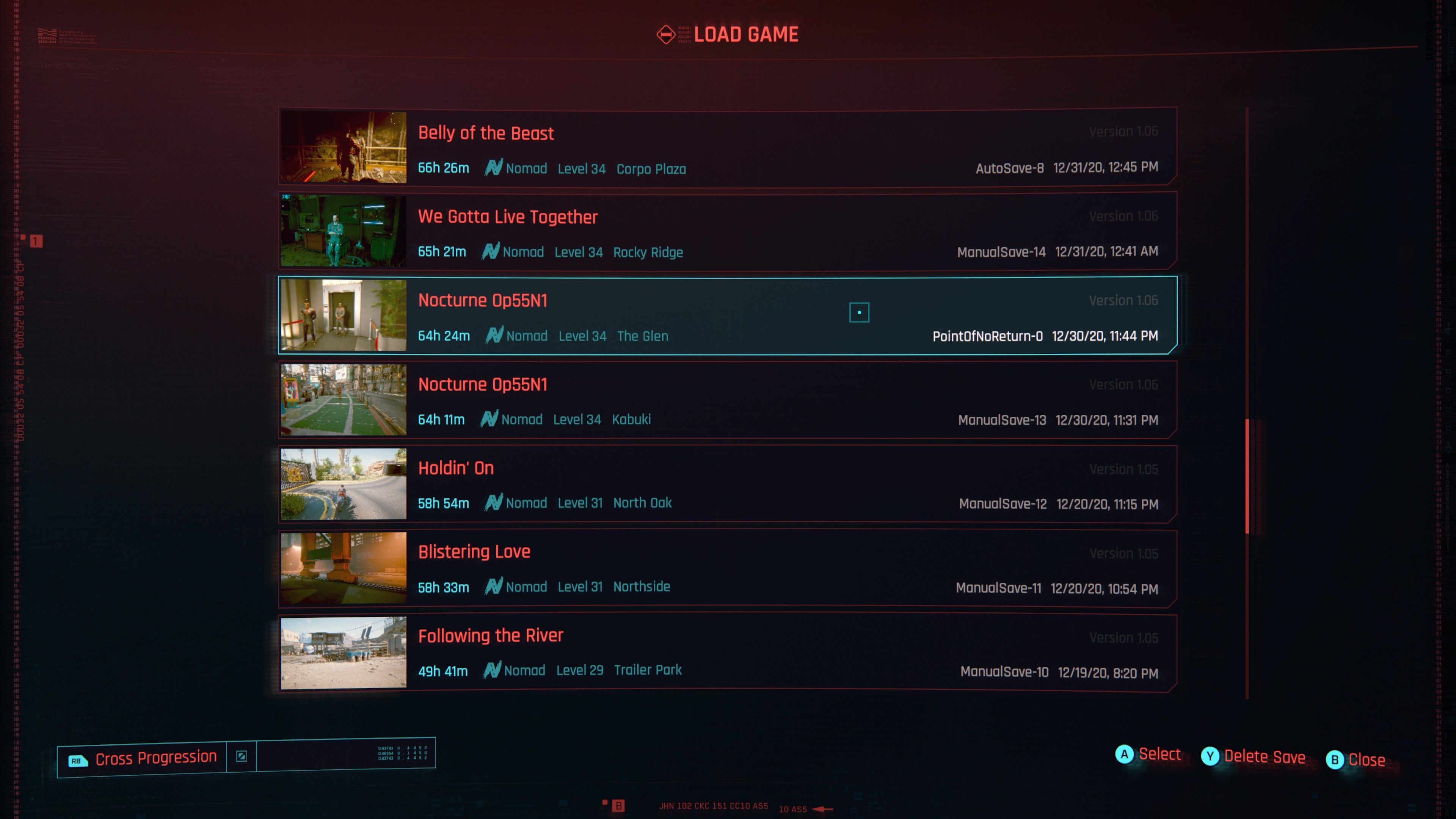 menu of loading saves with the point of no return save highlighted