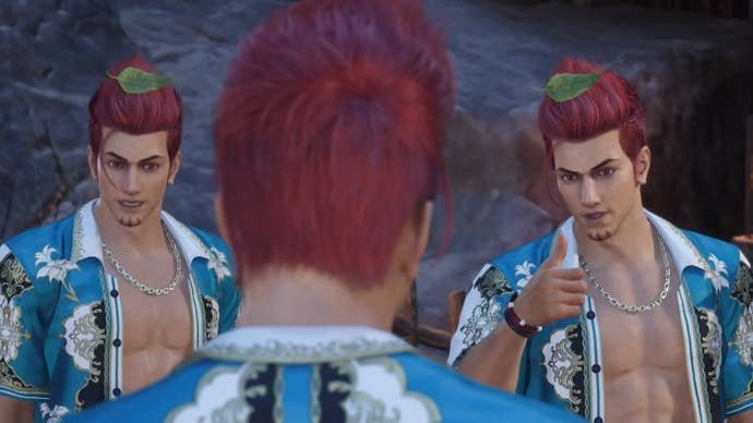 A Johnny ninja clone with a green leaf in his hair giving the real Johnny the thumbs up in Final Fantasy 7 Rebirth.