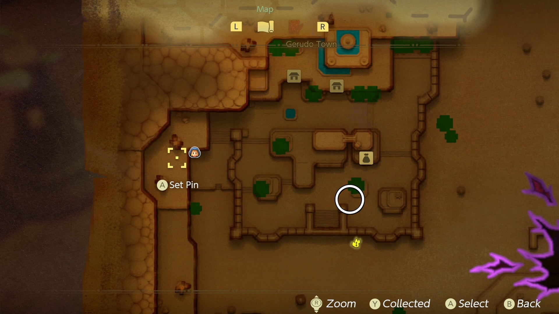 A white circle on map of Gerudo Town showing where to start the Tornado Ghost side quest in Zelda Echoes of Wisdom.