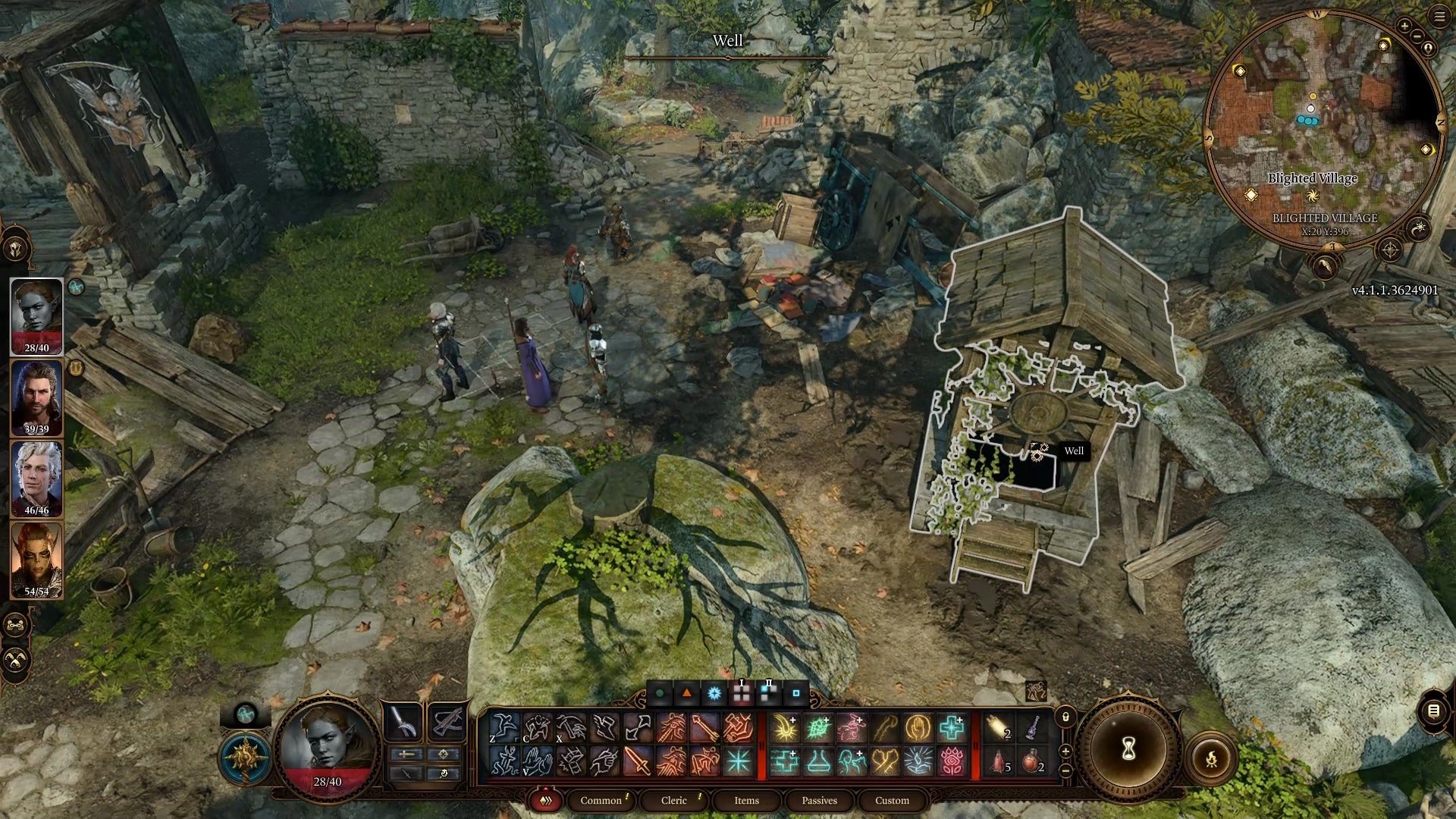 Cursor on a well in a run-down village area.