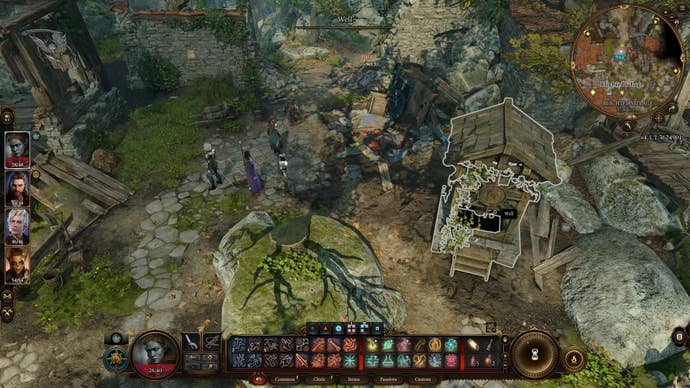 Cursor on a well in a run-down village area.