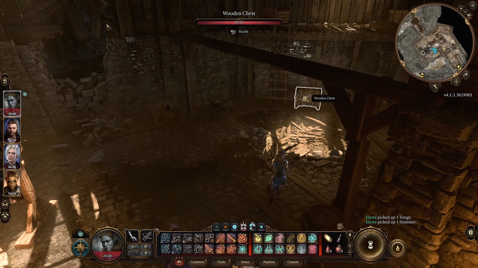 Cursor on a wooden chest in a dark shabby area with wooden beams.