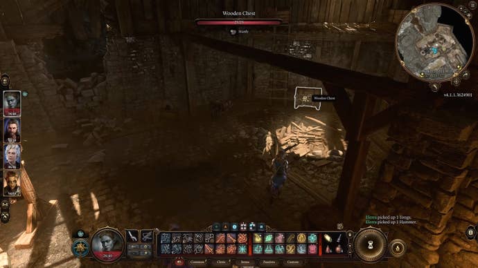 Cursor on a wooden chest in a dark shabby area with wooden beams.