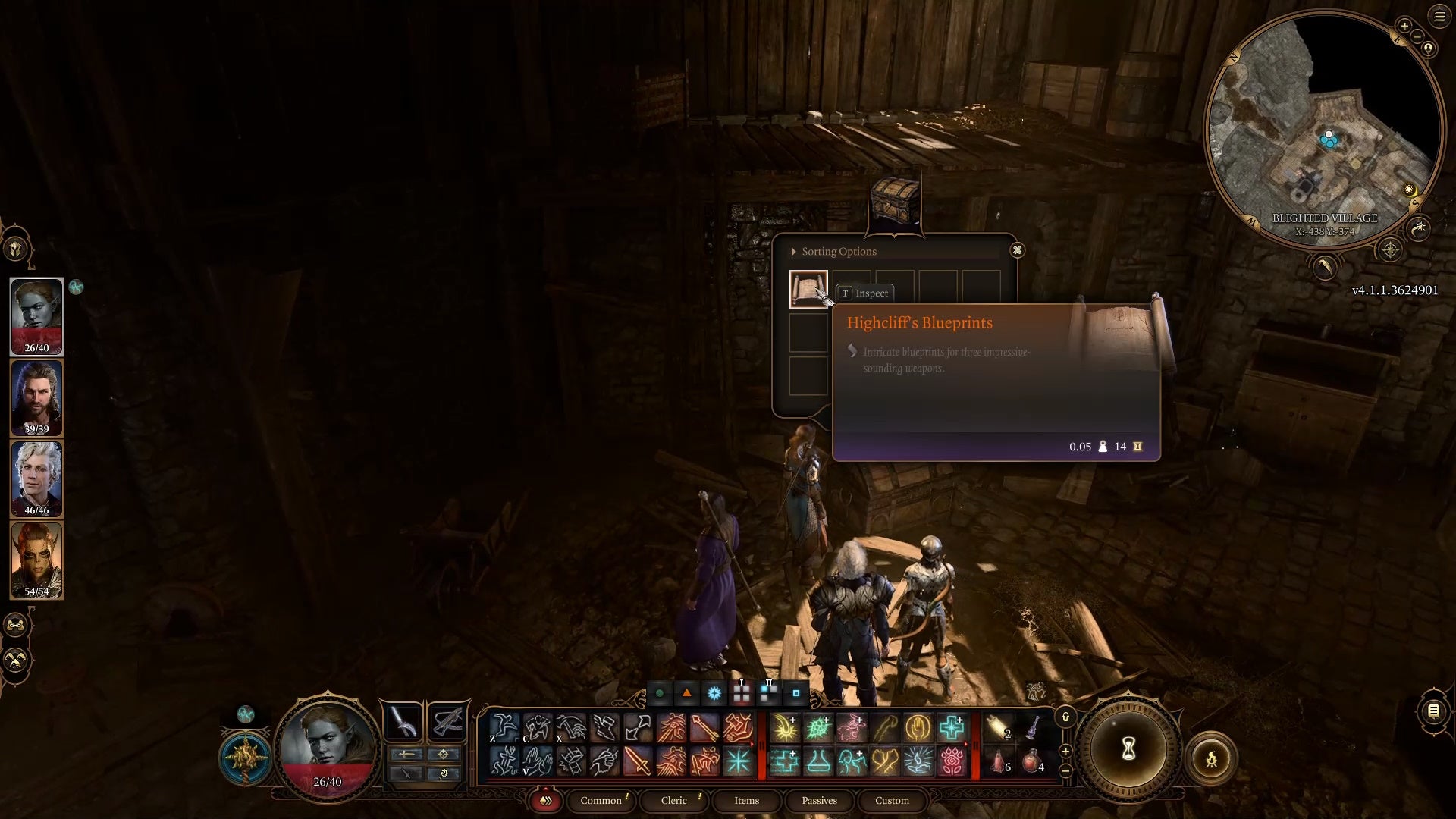 Small loot menu with the cursor on a note caleed highcliff&rsquo;s blueprints.