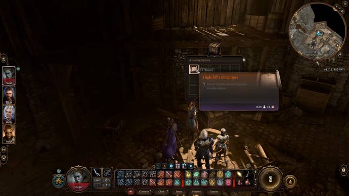 Small loot menu with the cursor on a note caleed highcliff’s blueprints.