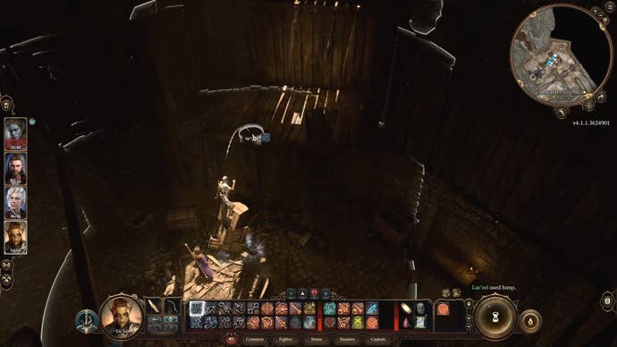 A white line and circle showing the potential jump path on a character standing on a stack of wooden boxes in a dark shabby area.