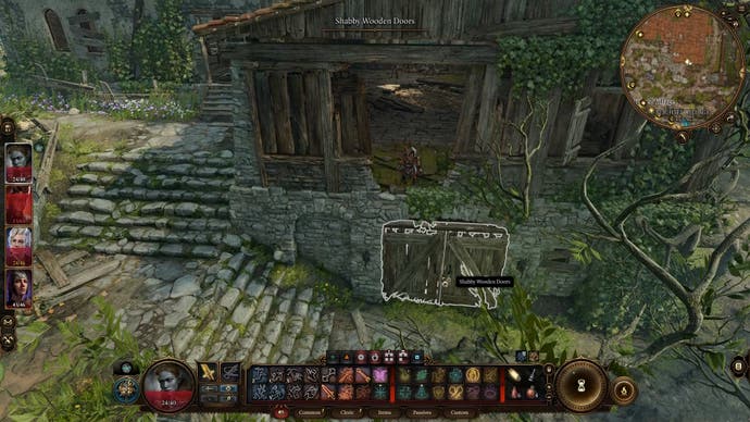 Cursor hovered over a double wooden doors under a Goblin standing in a gap of a dilapidated house.