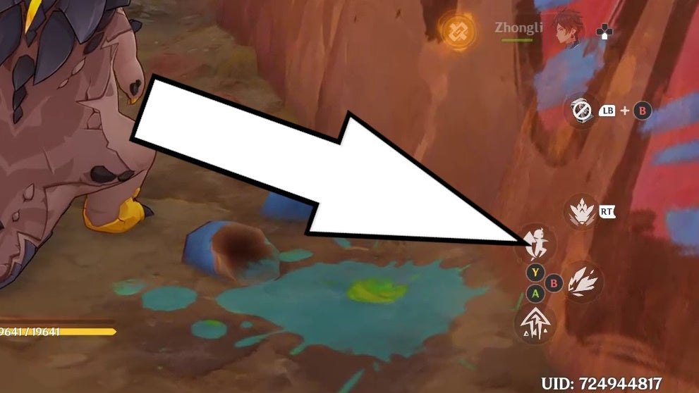 A large white arrow pointing to the button that stops indwelling a Saurian in Genshin Impact.