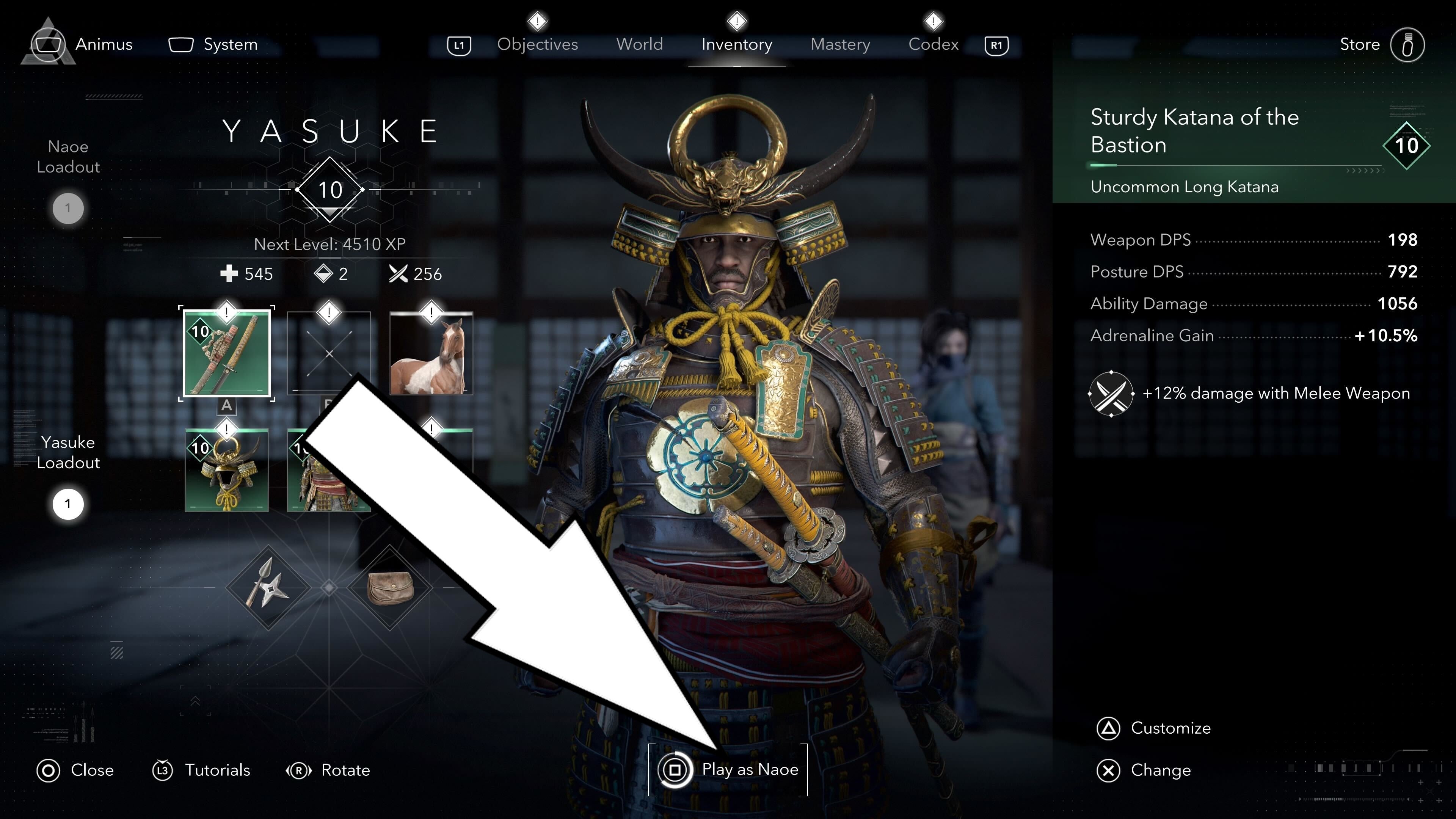 A white arrow pointing to the option to switch to Naoe from the menu in Assassin&rsquo;s Creed Shadows.