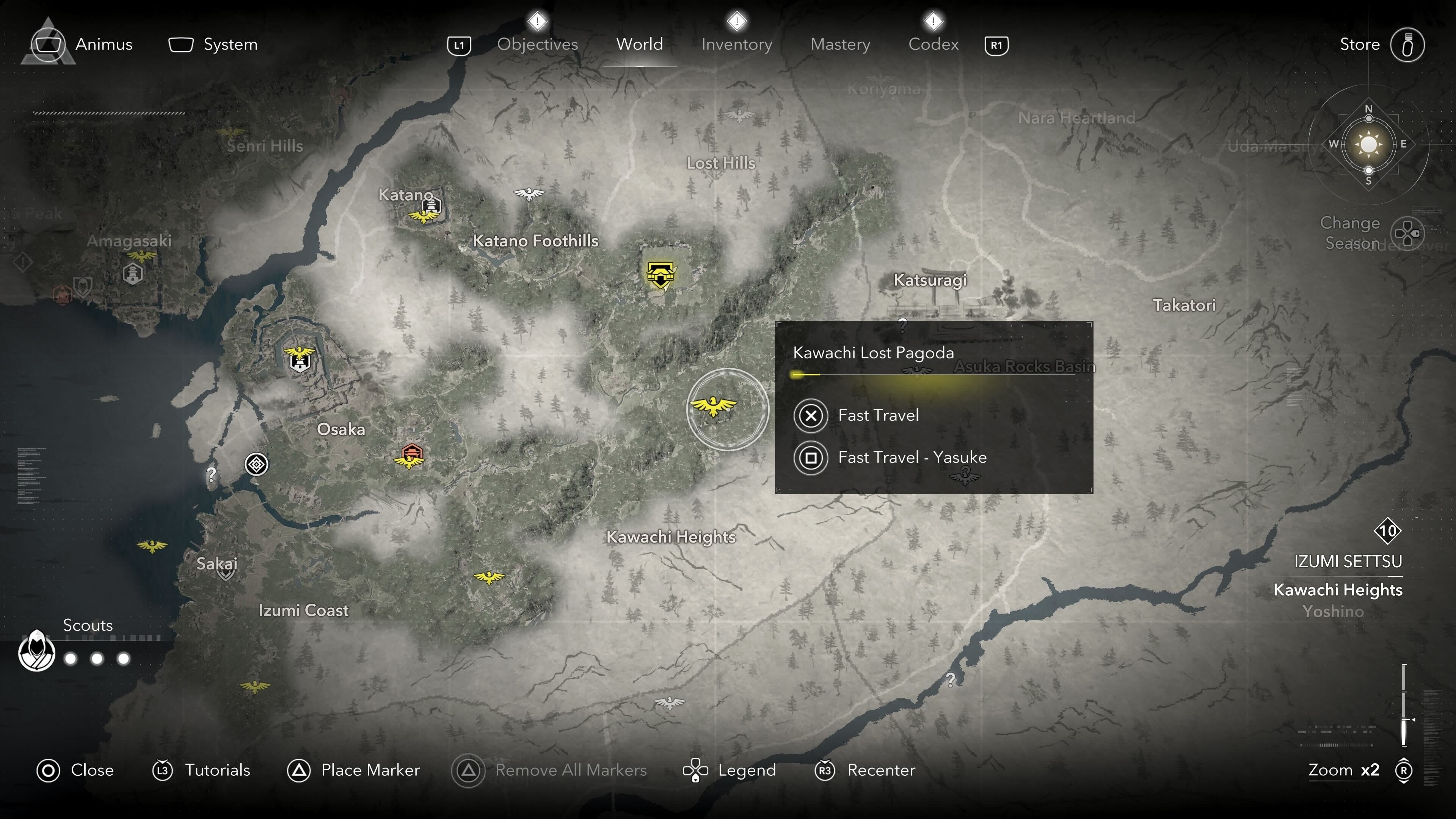 Fast travel point selected in Assassin&rsquo;s Creed Shadows with the option to switch to Yasuke shown.