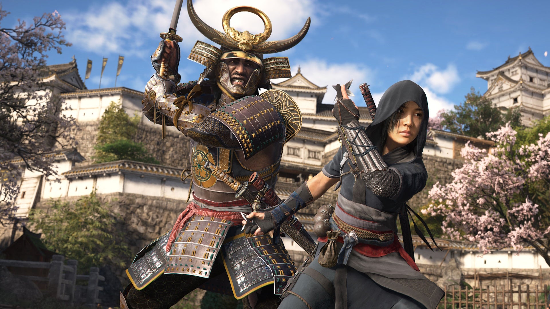 Yasuke and Naoe standing beside each other and brandishing their weapons in Assassin&rsquo;s Creed Shadows.