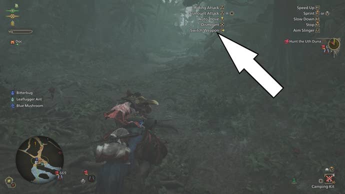 Arrow pointing to the button prompt you need to press to switchto a Secondary weapon in Monster Hunter Wilds.