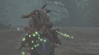 A male hunter riding a Seikret during a downpour in MonsterHunter Wilds.