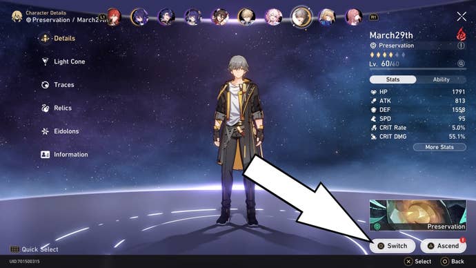 character menu of the trailblazer with a white arrow pointing to the switch option in the lower right corner