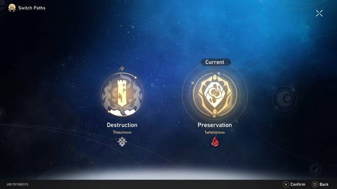 menu of path symbols perservation and destruction for the trailblazer on a black and deep blue background