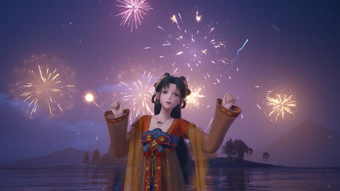 Nikki posing in front of the grand fireworks show in Infinity Nikki.