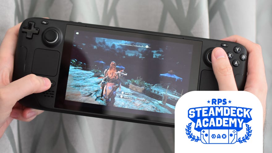 Taking a screenshot on a Steam Deck. The RPS Steam Deck Academy logo is added in the bottom right corner.