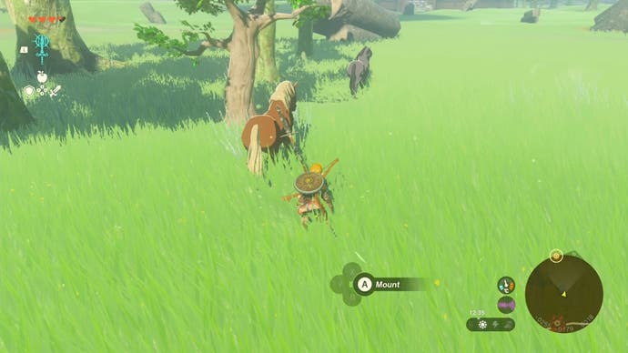 Link crouching and sneaking up from behind on a horse he is trying to tame in The Legend of Zelda: Tears of the Kingdom.