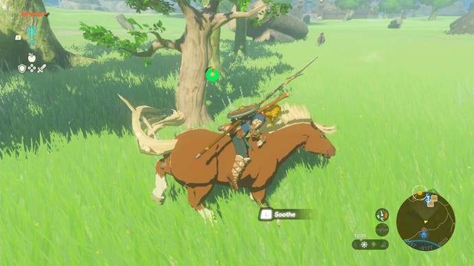 Link trying to soothe a wild horse he is trying to tame in The Legend of Zelda: Tears of the Kingdom.