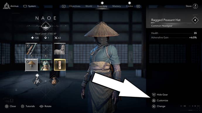 A white arrow pointing to the Customise option in the main menu of Assassin’s Creed Shadows.