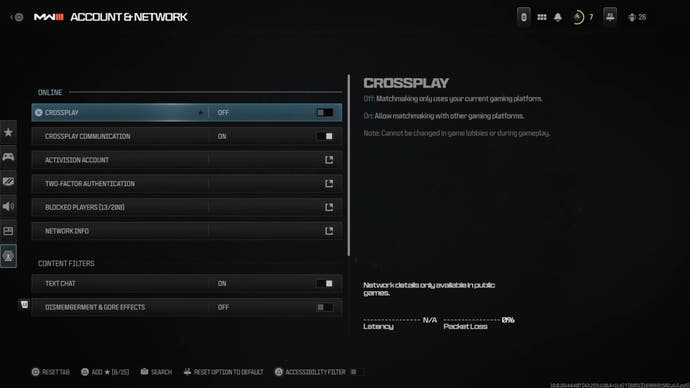 the online and privacy setting menu in modern warfare 3 on playstation consoles with the option of crossplay toggled off and highlighted in blue
