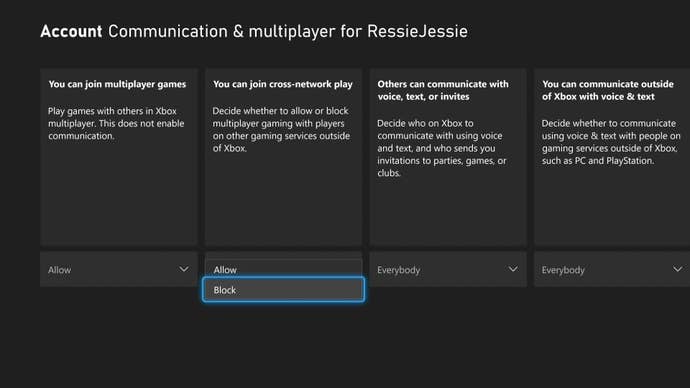 the privacy and setting menu on xbo consoles with the option fro crossplay support toggled as blocked