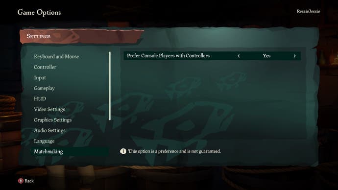 Menu view of the Matchmaking menu in Settings in Sea of Thieves.
