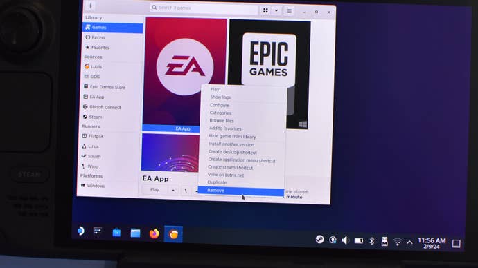 Step 1 of how to uninstall launchers with Lutris on the Steam Deck: right-click on the app in Lutris and select “Remove”