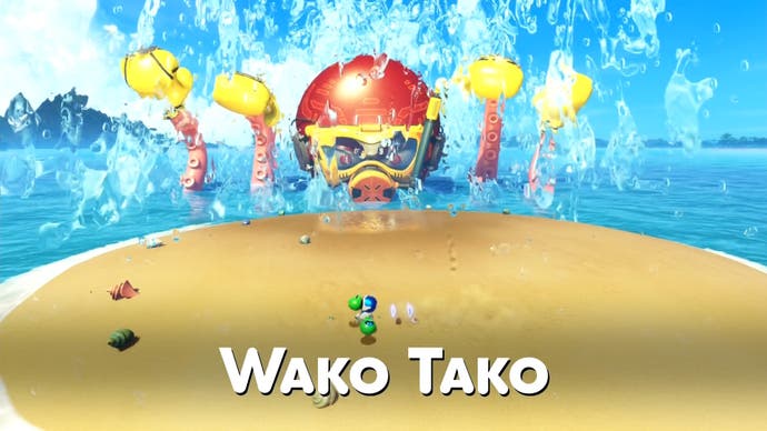 The octopus boss Wako Tako emerging from the water in front of a circular beach in Astro Bot.