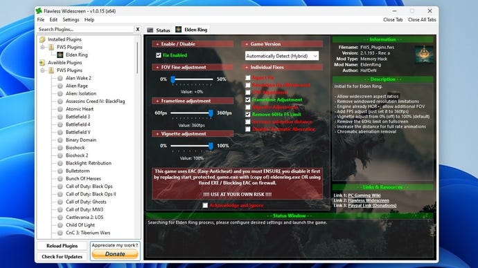 Step 2 of how to unlock the framerate in Elden Ring: Install Flawless Widescreen's Elden Ring plugin, then in the plugin, check the Fix Enabled, Frametime Adjustment and Remove 60Hz FS Limit boxes. Set the Frametime adjustment slider all the way up to 360fps.