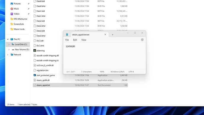 Step 6 of how to unlock the framerate in Elden Ring: open the steam_appid text file and write or paste the number 1245620 into it. Save and close the file.