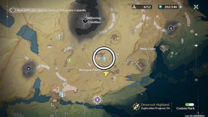 A white circle on the map in Wuthering Waves indicating the location of the Reboot Radar side quest in Desorock Highland.