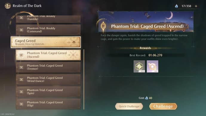 The Realm of the Dark menu in Infinity Nikki, with Caged Greed selected.