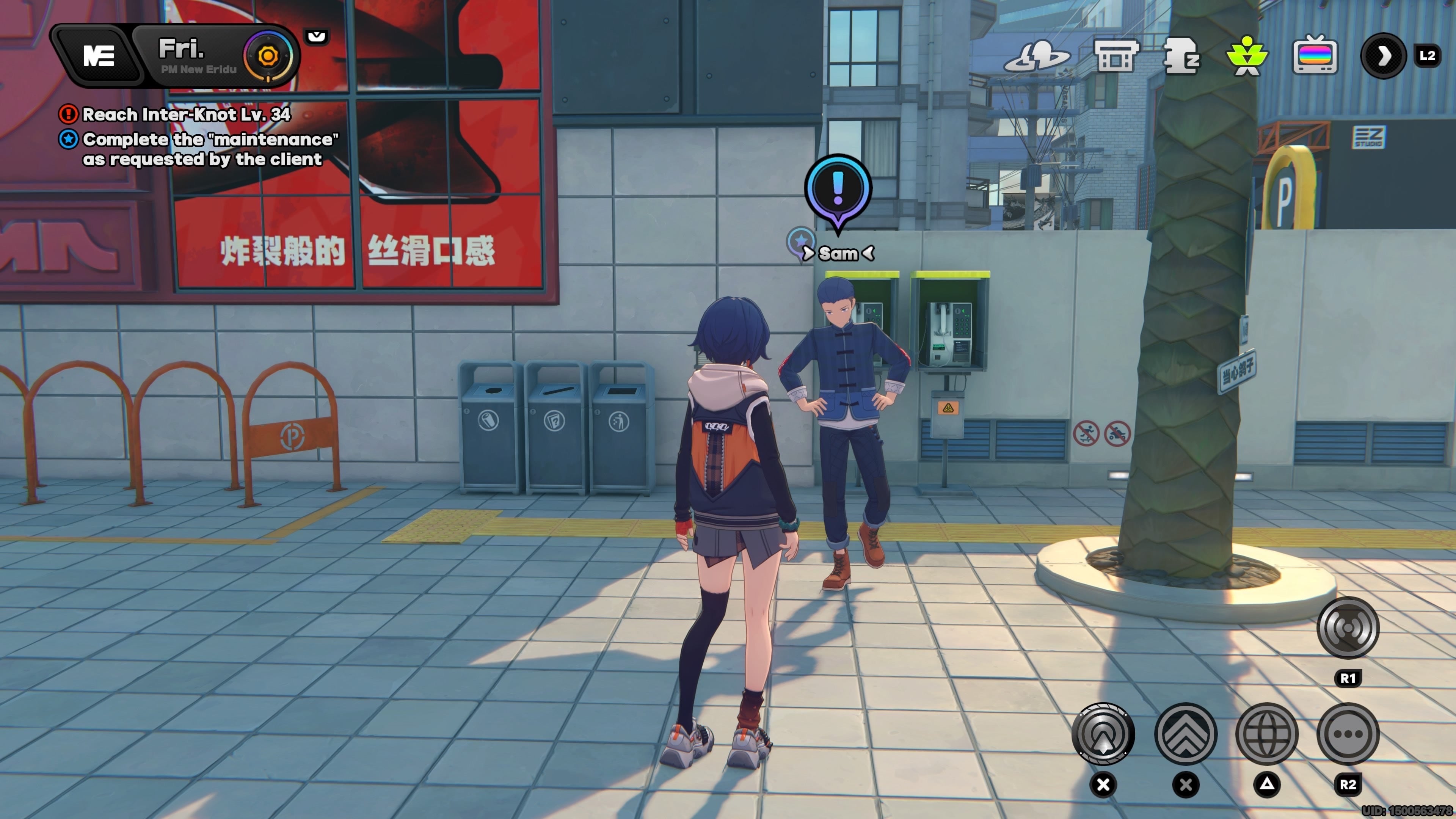 Belle looking at Sam in Lumina Square in Zenless Zone Zero.