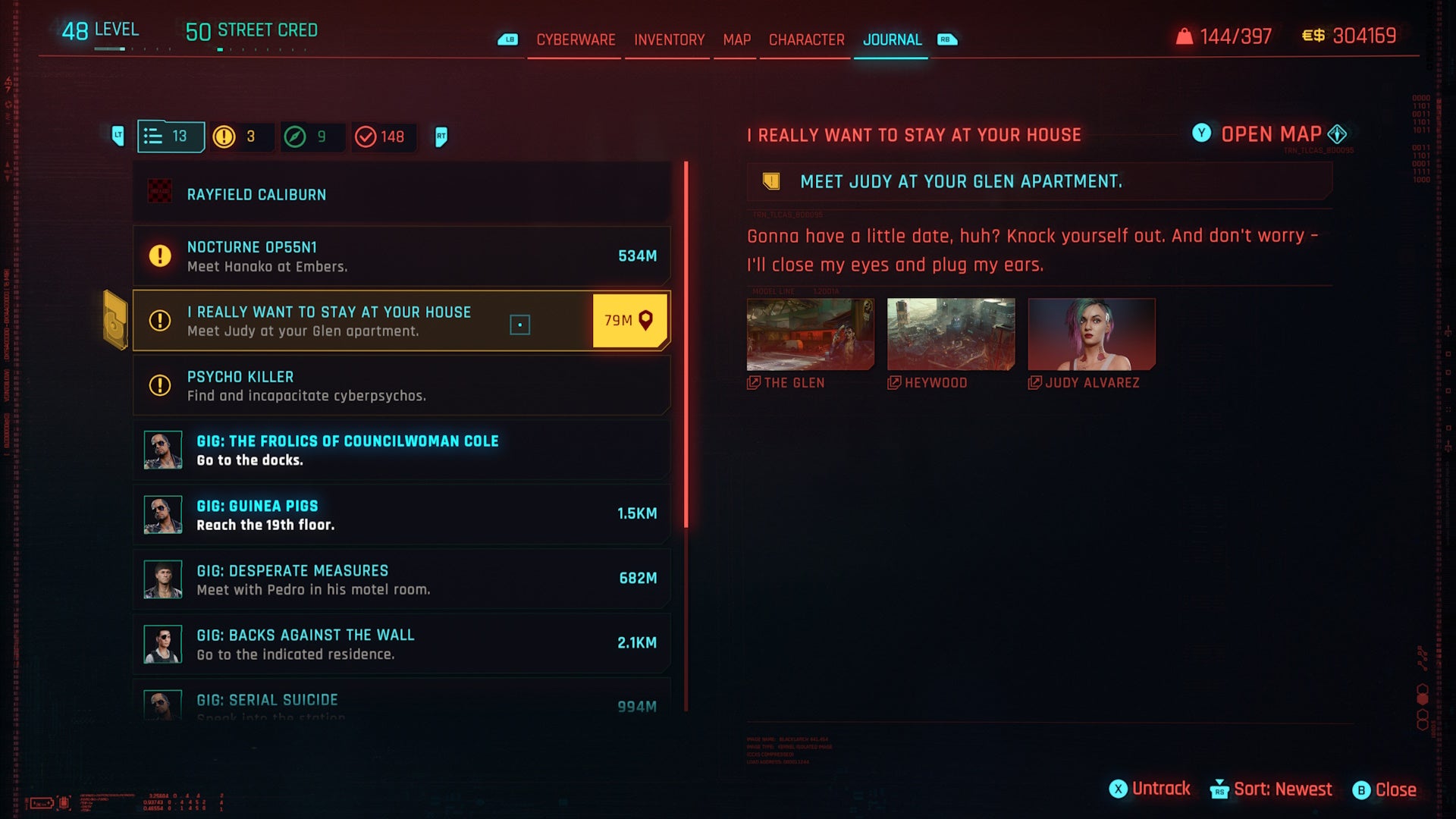 menu view of the quest list with the romance hangout quest selected