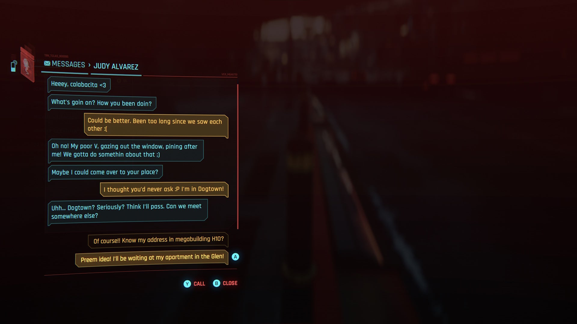 menu view of texting judy about staying at an apartment