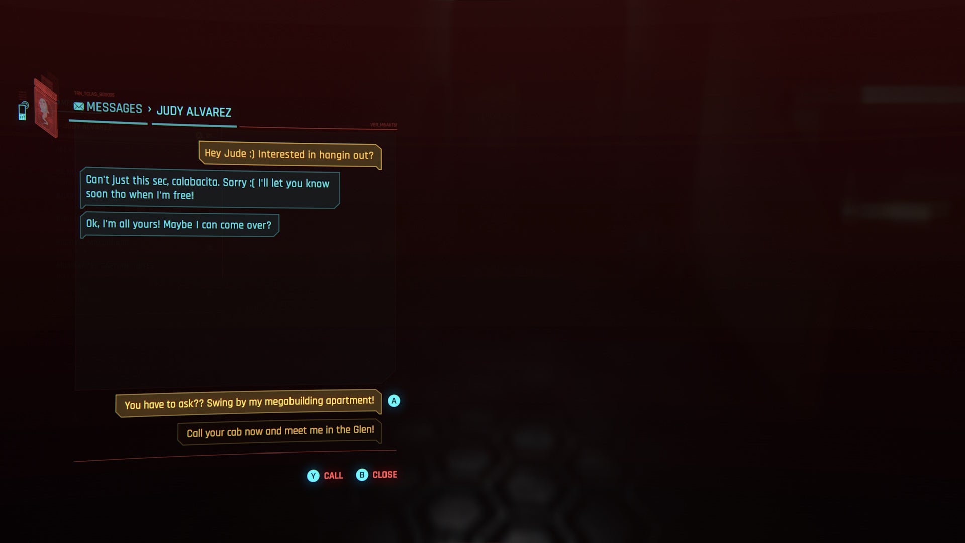 menu view of texting judy about staying at an apartment