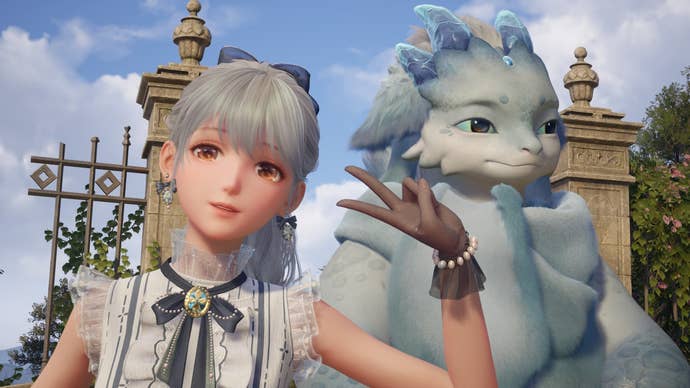 Nikki doing the peace sign with her fingers in front of Kilo in Inifnity Nikki.