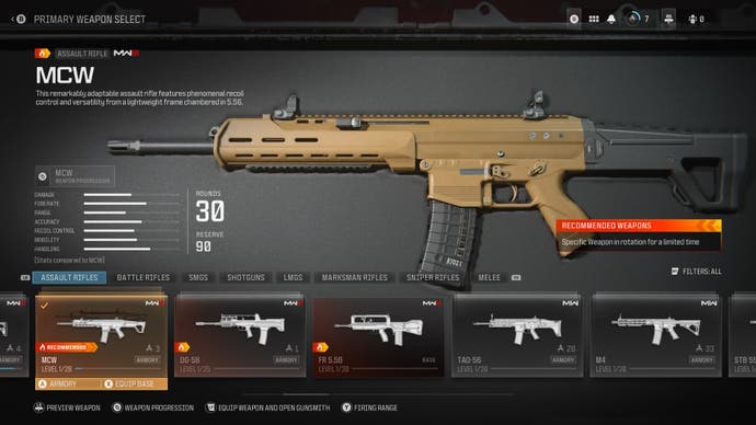 gun menu showing the stats and weapon progression progress of the MCW assault rifle primary weapon