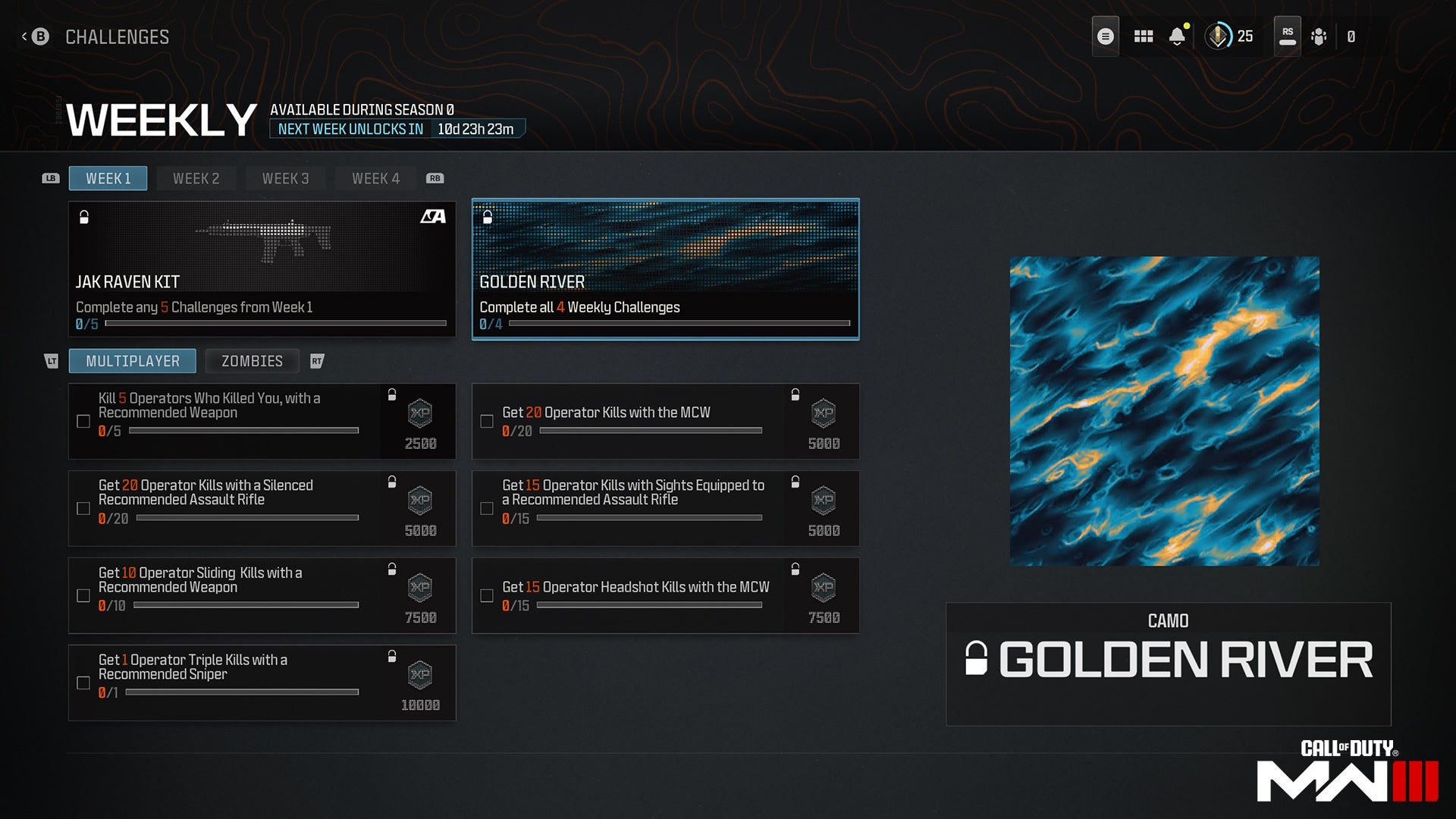 weekly challenges menu showing the xp earned for completing each challenge and the rewards for completing enough challenges, including the golden river camo