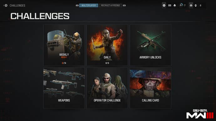 challenge menu showing weekly, daily, armory, weapons, operator, and calling card challenges for modern warfare 3