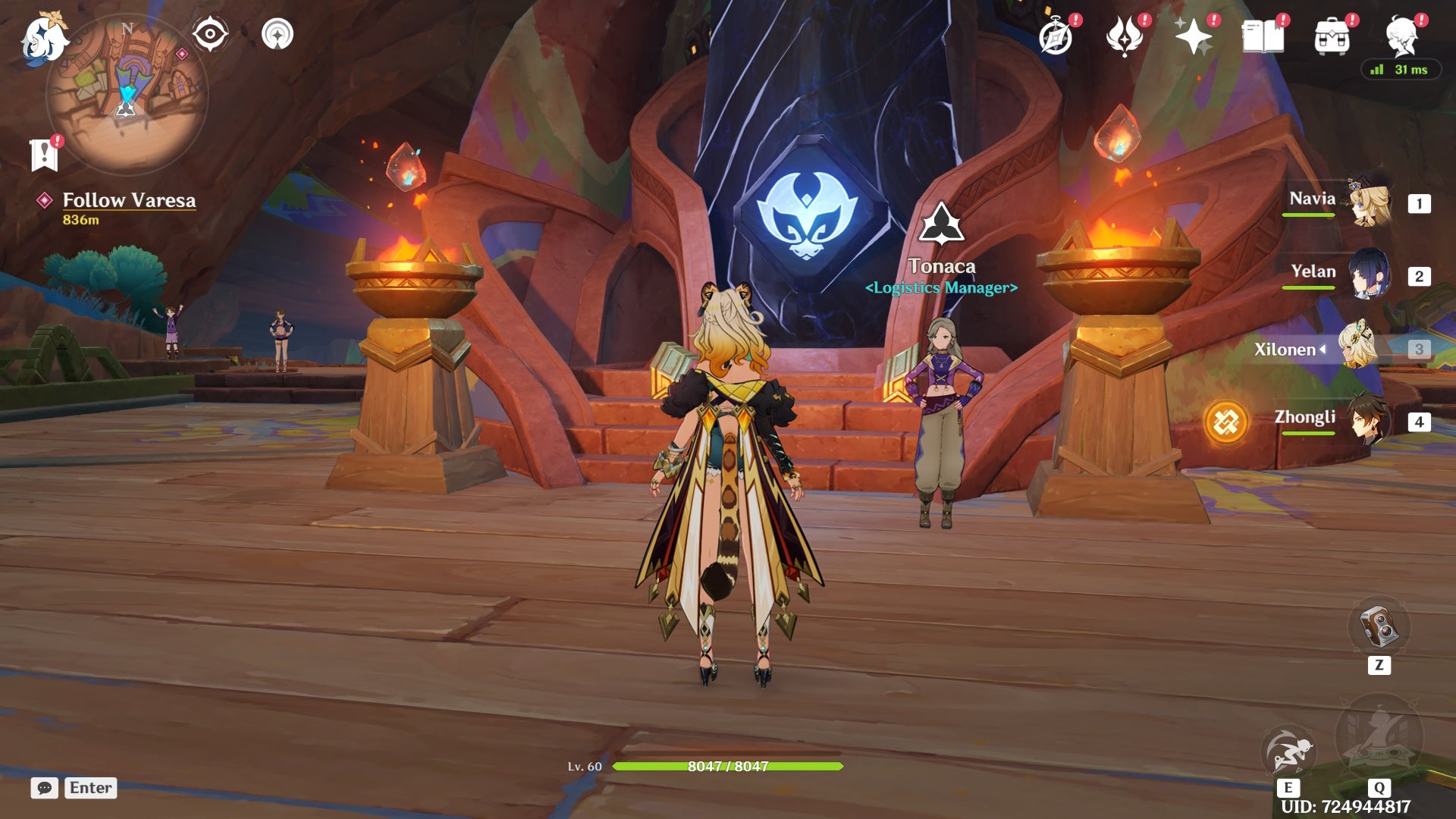 Xilonen looking at the Collective of Plenty tribal Totem Pole and Reputation Board.