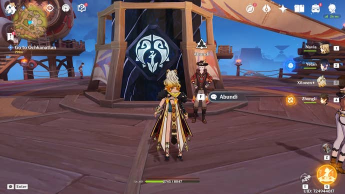 Xilonen looking at the NPC of the Flower-Feather Clan Reputation in Natlan in Genshin Impact.